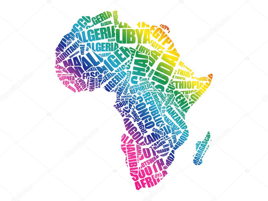African countries Map in Typography word cloud concept, names of countries