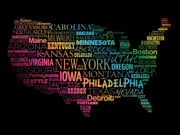 Usa Map Word Cloud Collage Mit Den Wichtigsten Städten — Stockvektor