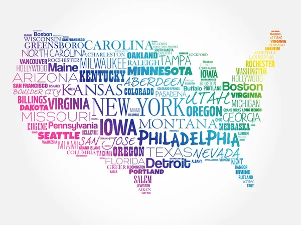 Usa Map Word Cloud Collage Mit Den Wichtigsten Städten — Stockvektor