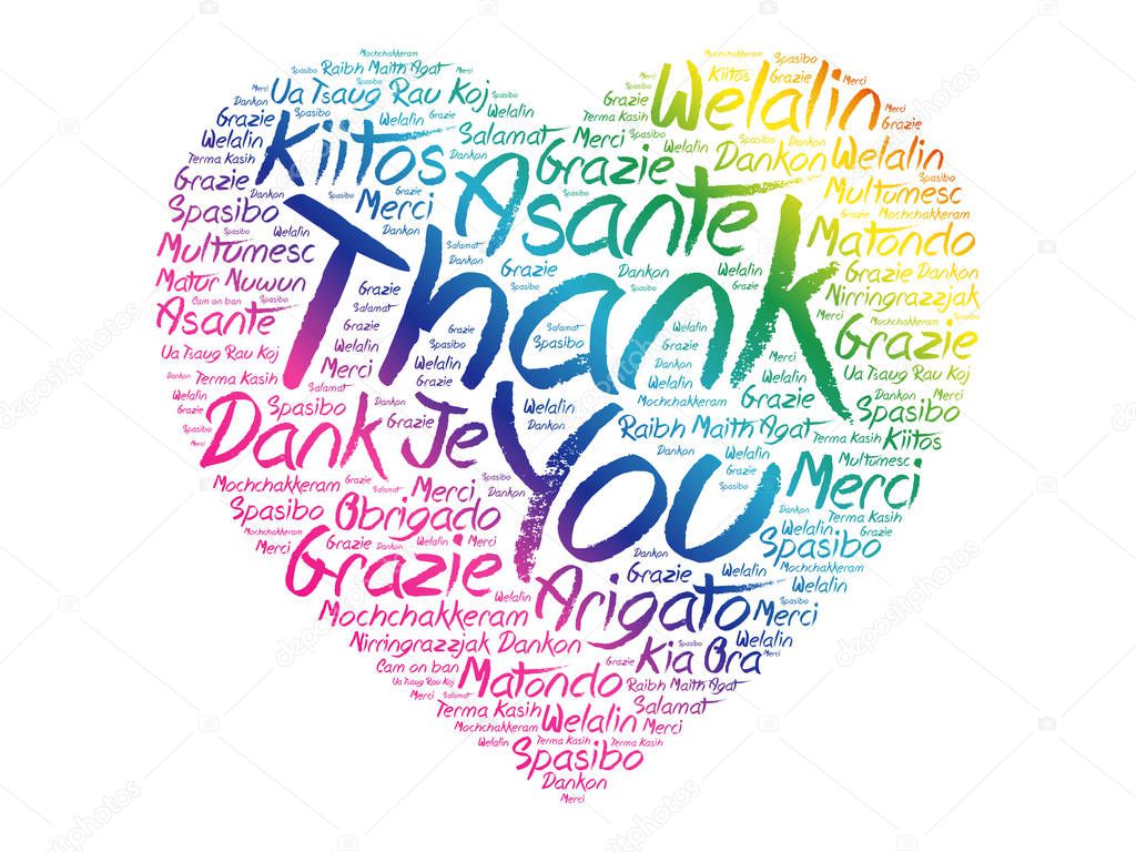 Thank You Love Heart Word Cloud in different languages, concept background