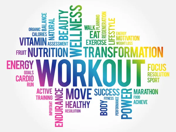 Workout Λέξη Cloud Κολάζ Γυμναστήριο Την Υγεία Έννοια Υπόβαθρο — Διανυσματικό Αρχείο