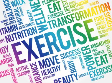 Egzersiz kelimesi bulut, fitness, spor, sağlık kavramı