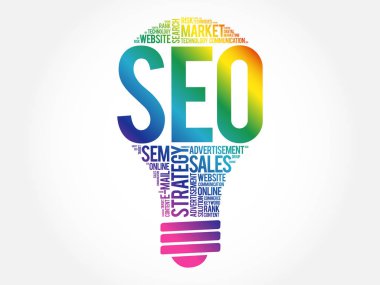 SEO (arama motoru optimizasyonu) ampul kelime bulutu, iş kavramı