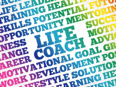 Yaşam koçu kelime bulut kolaj, iş kavramı arka plan