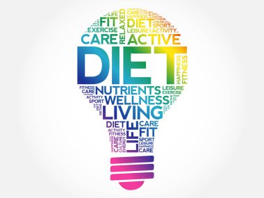 Diyet ampul kelime bulutu kolaj, sağlık kavramı arka plan