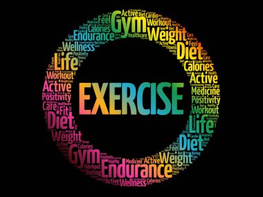 Egzersiz daire damga kelime bulutu, fitness, spor, sağlık kavramı