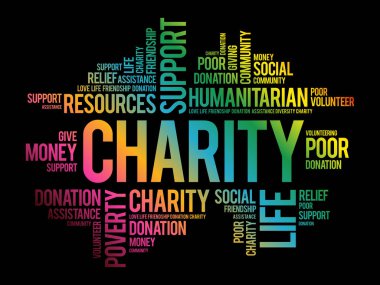 Hayırseverlik kelimesi bulut kolajı, iş konsepti geçmişi