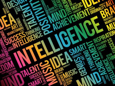 İstihbarat kelime bulutu kolaj, yaratıcı iş kavramı arka plan