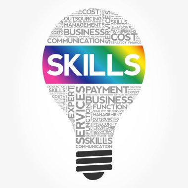 Becerileri ampul kelime bulutu kolaj, iş kavramı arka plan