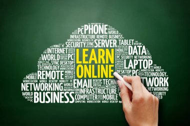 Online kelime bulutu kolaj, teknoloji iş kavramı arka plan yazı tahtası üzerinde öğrenmek