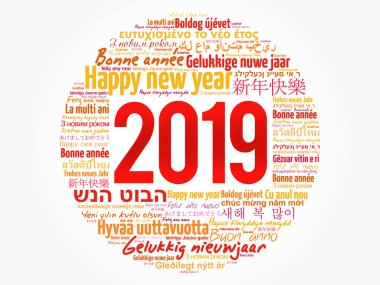 2019 happy New Year farklı dillerde, kutlama word bulut tebrik kartı