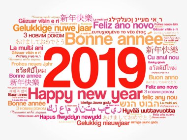 2019 happy New Year farklı dillerde, kutlama word bulut tebrik kartı