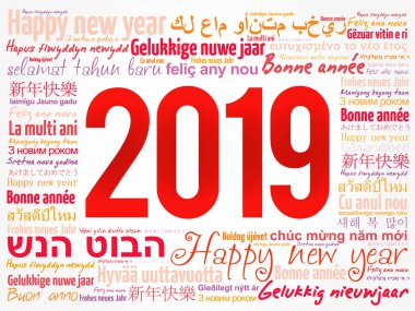 2019 happy New Year farklı dillerde, kutlama word bulut tebrik kartı