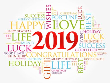 2019 yıl tebrik kelime bulutu kolaj, mutlu yeni yıl kutlama tebrik kartı