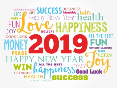 2019 yıl tebrik kelime bulutu kolaj, mutlu yeni yıl kutlama tebrik kartı
