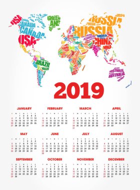2019 yıl, şekil dünya harita tipografi, Word'de tatil için Takvim bulut seyahat kavramı arka plan kelime