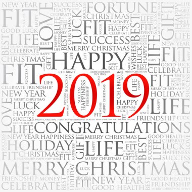 2019 yıl tebrik kelime bulutu kolaj, mutlu yeni yıl kutlama tebrik kartı