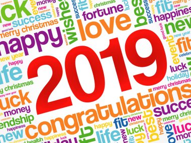 2019 yıl tebrik kelime bulutu kolaj, mutlu yeni yıl kutlama tebrik kartı