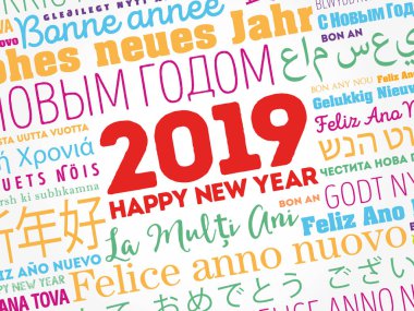 2019 happy New Year farklı dillerde, kutlama word bulut tebrik kartı