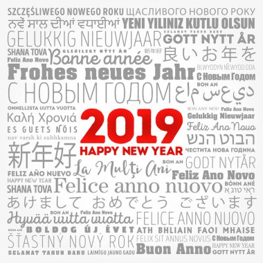2019 happy New Year farklı dillerde, kutlama word bulut tebrik kartı