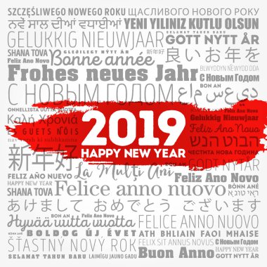 2019 happy New Year farklı dillerde, kutlama word bulut tebrik kartı