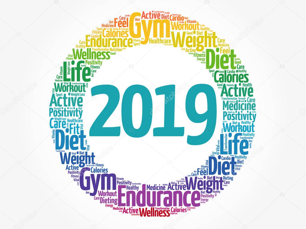 2019 health and sport goals word cloud, concept background