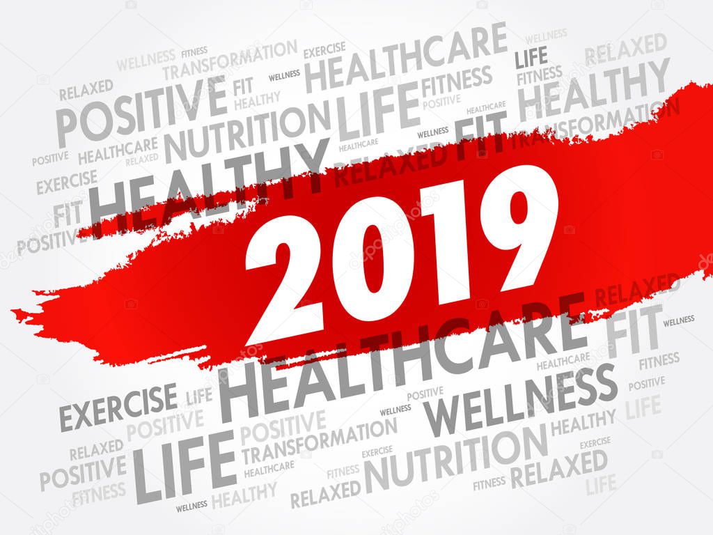 2019 word cloud collage, health concept background