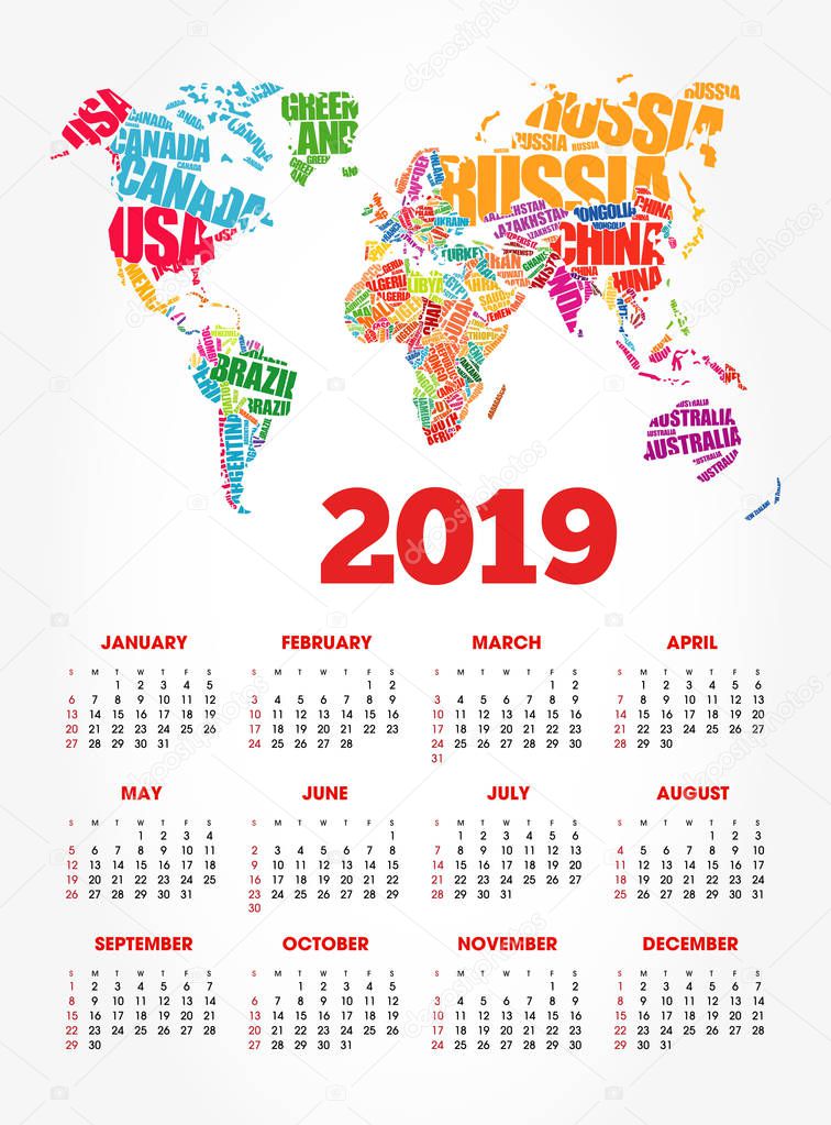 Calendar for 2019 year, HOLIDAY word in shape of World Map Typography, words cloud travel concept background