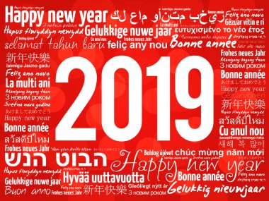 2019 happy New Year farklı dillerde, kutlama word bulut tebrik kartı