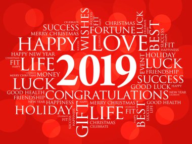 2019 yıl tebrik kelime bulutu kolaj, mutlu yeni yıl kutlama tebrik kartı