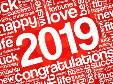 2019 yıl tebrik kelime bulutu kolaj, mutlu yeni yıl kutlama tebrik kartı