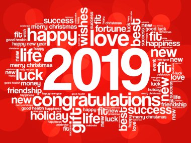 2019 yıl tebrik kelime bulutu kolaj, mutlu yeni yıl kutlama tebrik kartı