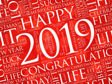 2019 yıl tebrik kelime bulutu kolaj, mutlu yeni yıl kutlama tebrik kartı