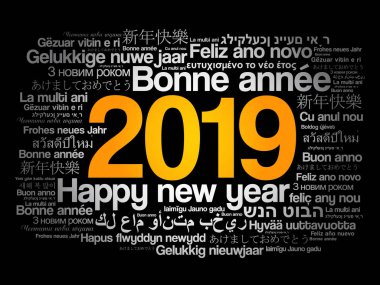 2019 happy New Year farklı dillerde, kutlama word bulut tebrik kartı
