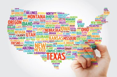 ABD harita kelime bulutu marker, en önemli şehirler ile