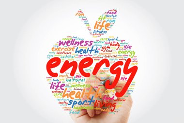 Marker, sağlık kavramı arka plan ile enerji apple kelime bulutu