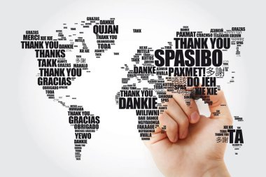 Teşekkürler birçok dilde tipografi word Cloud marker, eğitim veya Şükran günü için çok dilde ile Dünya Haritası