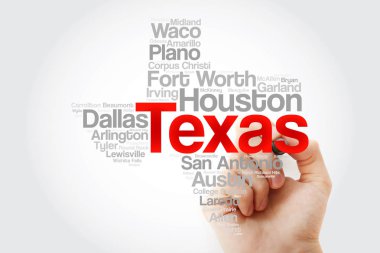 Texas ABD devlet word bulut harita marker, kavram arka plan ile'daki şehirler listesi