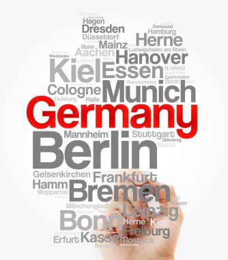 GERMANY 'deki şehirlerin ve şehirlerin listesi, harita kelime bulut kolajı, iş ve seyahat kavramı geçmişi
