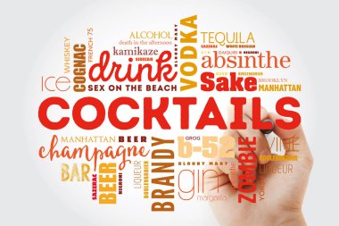 Tasarım kavramı arka plan farklı kokteyller ve malzemeler, işaretleyici ile kelime bulutu kolaj