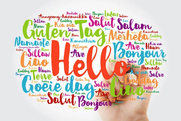 Escrita Mão Hello Word Cloud Marker Different Languages World Background — Fotografia de Stock