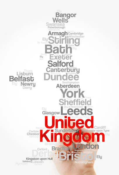 รายช อเม องและเม องใน United Kingdom แผนท คอลลาจเมฆค เคร องหมาย — ภาพถ่ายสต็อก