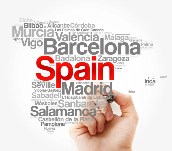 Lista Ciudades Pueblos España Mapa Palabra Nube Collage Business Travel —  Fotos de Stock
