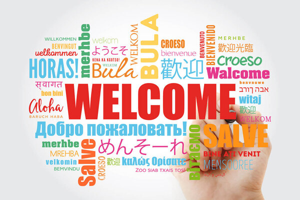 WELCOME word cloud with marker in different languages, conceptual background