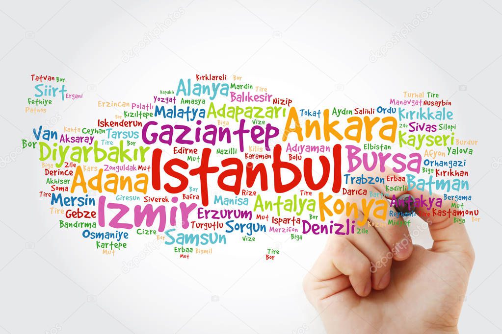 List of cities in Turkey word cloud map with marker, business and travel concept background