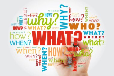 Cevapları bilgi toplama veya sorun çözmede temel kabul edilen sorular, kelime bulutu arka planı