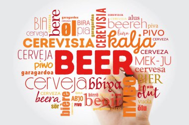 Bira dünya (İngiliz, Fransız, Alman, vb) Word Cloud kolaj marker, çok dilli arka plan ile farklı dillerde