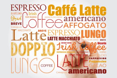 Kahve içecek kelimeler bulut kolaj marker, afiş arka plan ile listesi