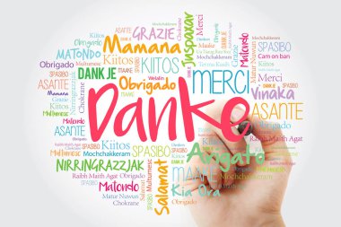 Danke (teşekkür ederim Almanca) kelime bulutu marker, tüm dilleri ile
