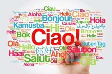 Ciao (Merhaba tebrik İtalyanca) sözcüğü bulut dünyanın farklı dillerde işareti ile arka plan kavramı